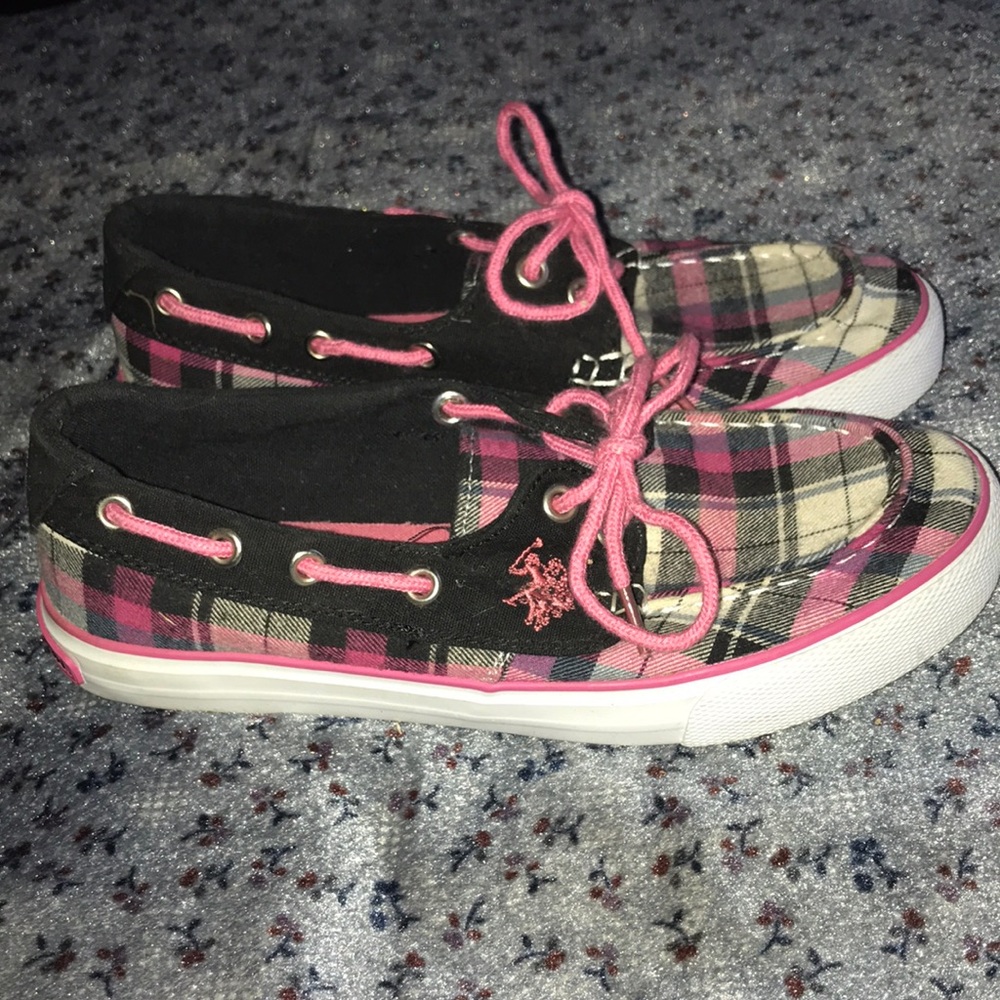 Size 6 Polo Boat Shoes Pink and Black Plaid